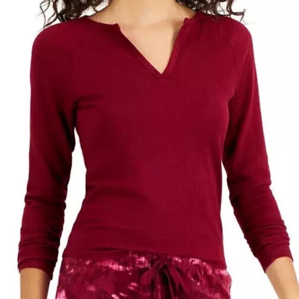 Jenni Intimates Women's S Split Neck‎ Ribbed Henley Top Wine Red Long Sleeve New